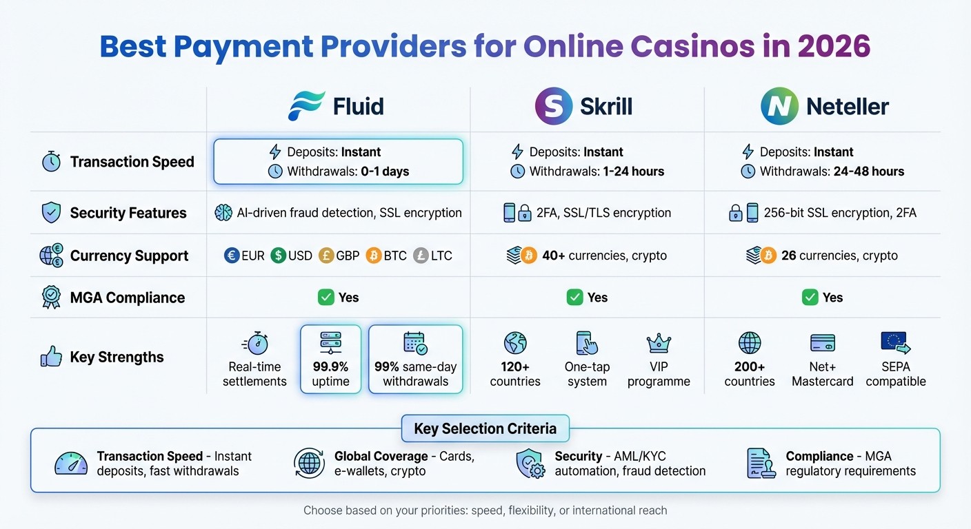 Payment Providers Comparison for Online Casinos 2026: Fluid vs Skrill vs Neteller