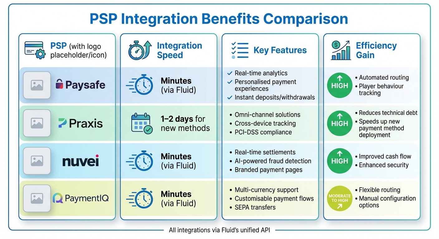 PSP Integration Benefits Comparison: Paysafe, Praxis, Nuvei, and PaymentIQ